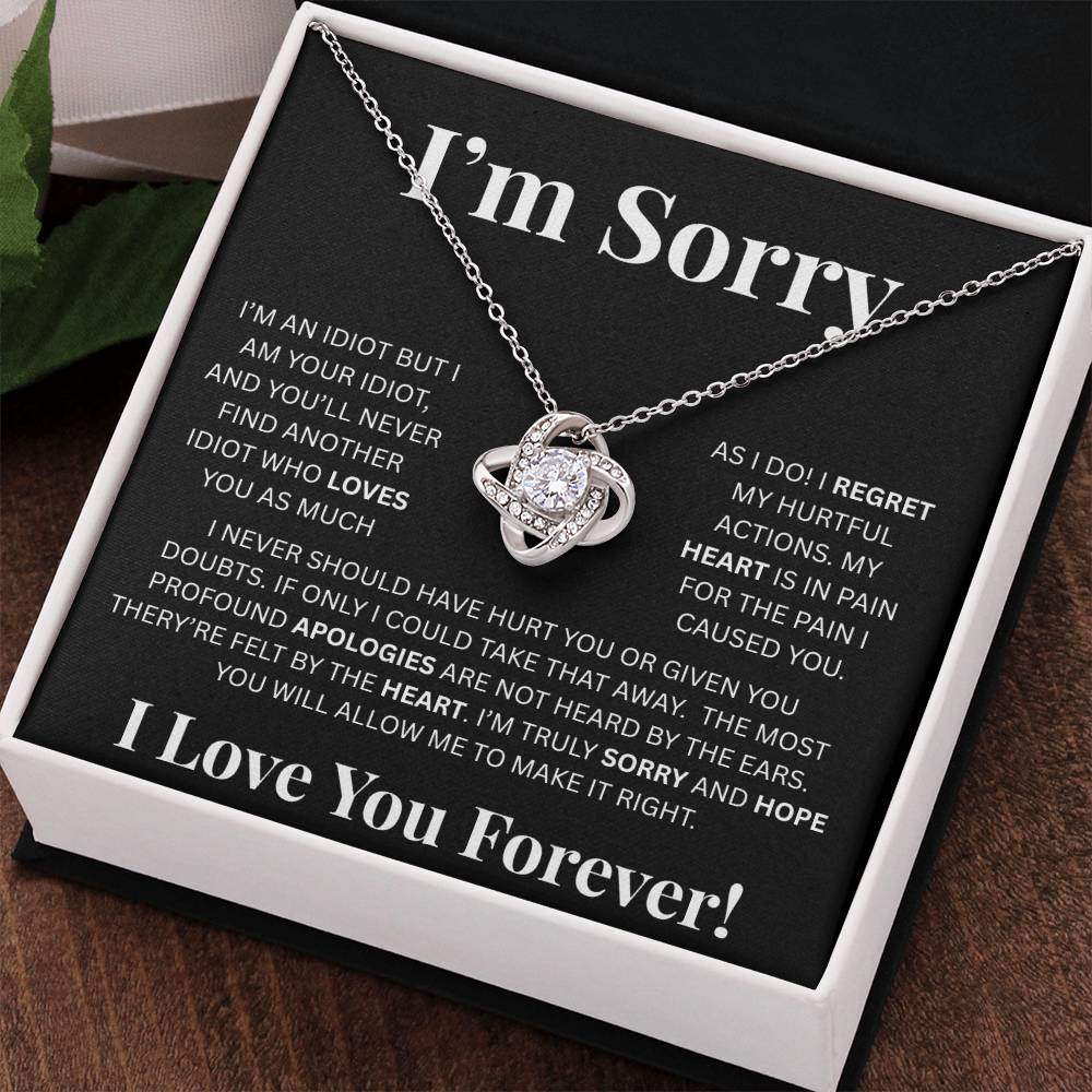 I’m Sorry™ Love Knot Apology Necklace – 14K White Gold & 18K Yellow Gold Variants with Custom “I Love You Forever” Message Card