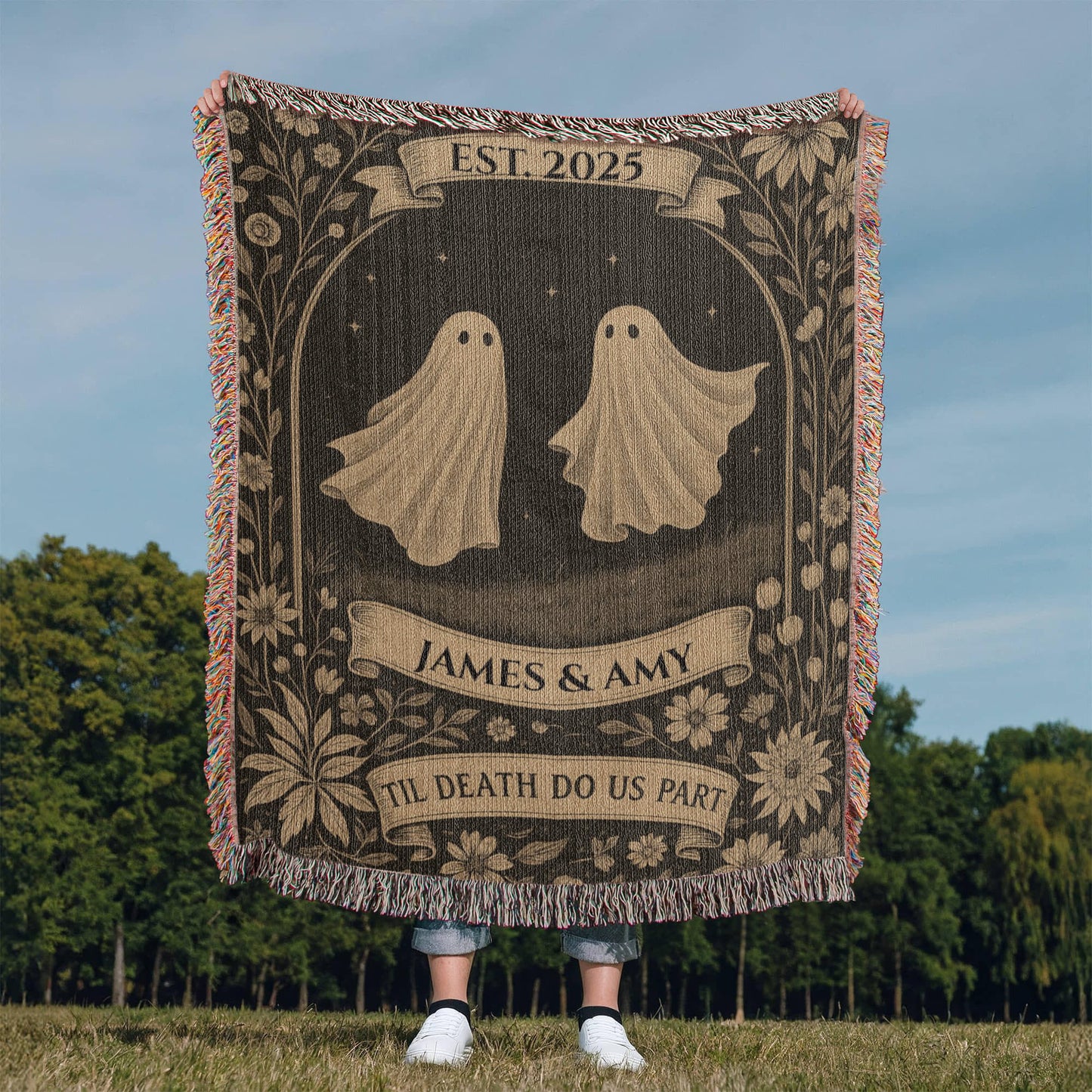 “Til Death Do Us Part” – Personalized Halloween Ghost Couple Blanket (Heirloom Woven Throw)