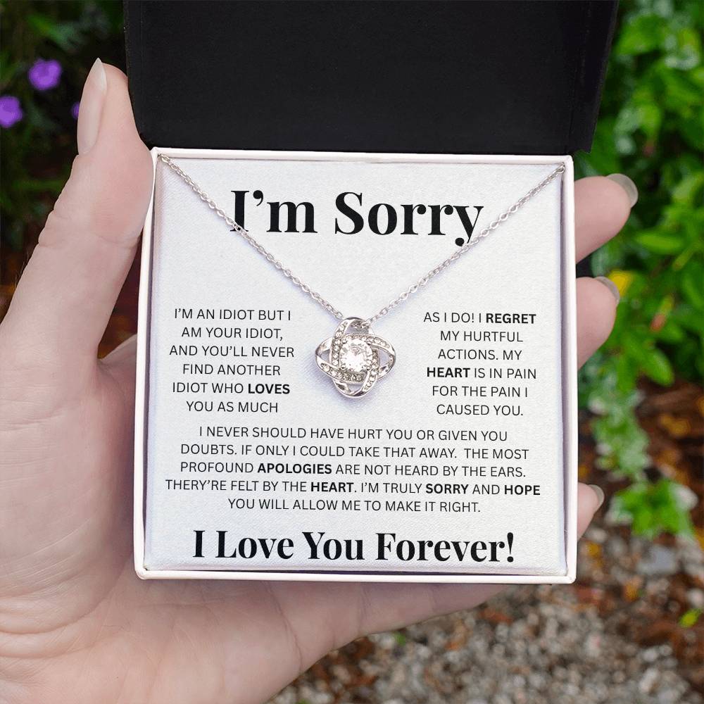 I’m Sorry™ Love Knot Apology Necklace – 14K White Gold & 18K Yellow Gold Variants with Custom “I Love You Forever” Message Card