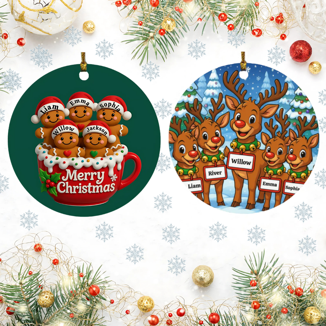 Custom Family Christmas Ornament β Gingerbread or Reindeer Style (Up to 5 Names) Personalized Holiday Keepsake β Fast Shipping, Lifetime Print