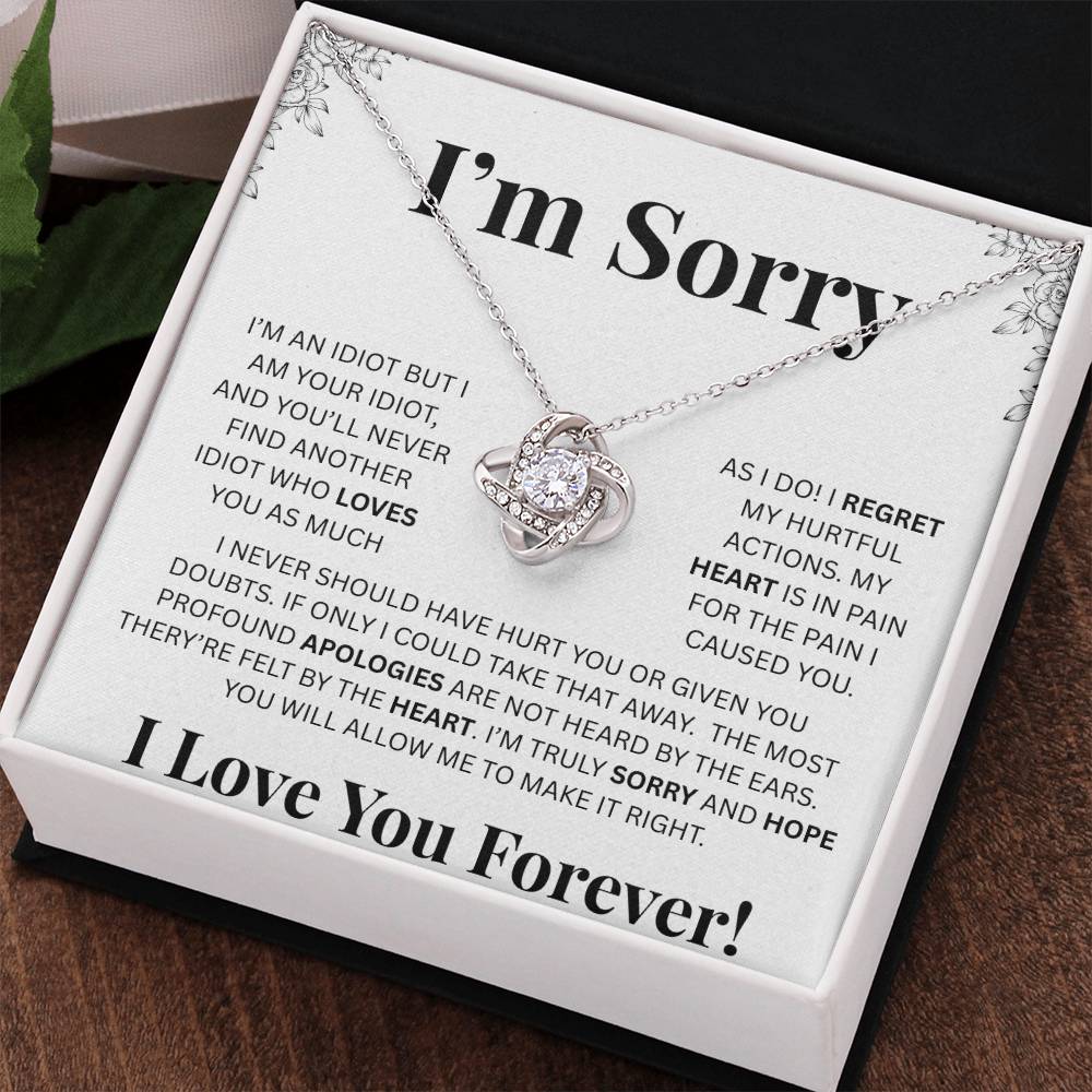 I’m Sorry™ Love Knot Apology Necklace – 14K White Gold & 18K Yellow Gold Variants with Custom “I Love You Forever” Message Card