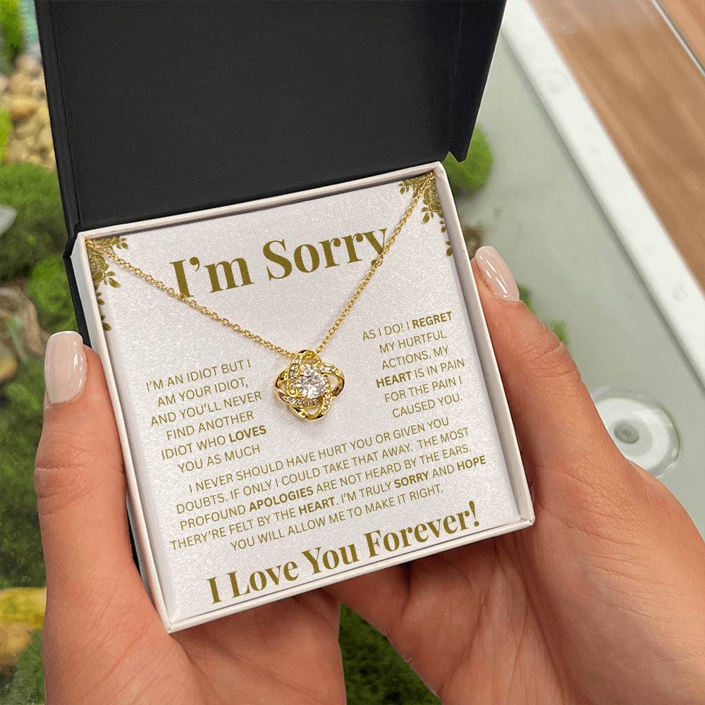 I’m Sorry™ Love Knot Apology Necklace – 14K White Gold & 18K Yellow Gold Variants with Custom “I Love You Forever” Message Card