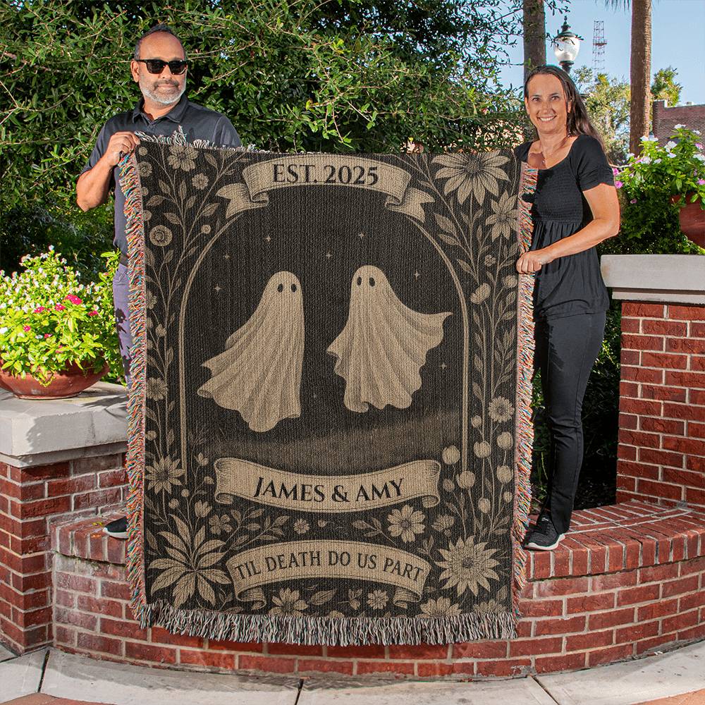 “Til Death Do Us Part” – Personalized Halloween Ghost Couple Blanket (Heirloom Woven Throw)