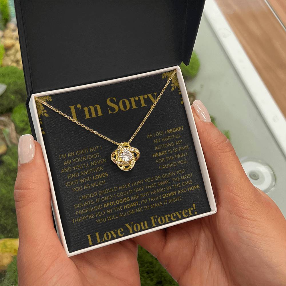 I’m Sorry™ Love Knot Apology Necklace – 14K White Gold & 18K Yellow Gold Variants with Custom “I Love You Forever” Message Card