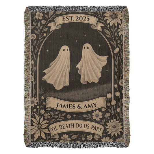 “Til Death Do Us Part” – Personalized Halloween Ghost Couple Blanket (Heirloom Woven Throw)
