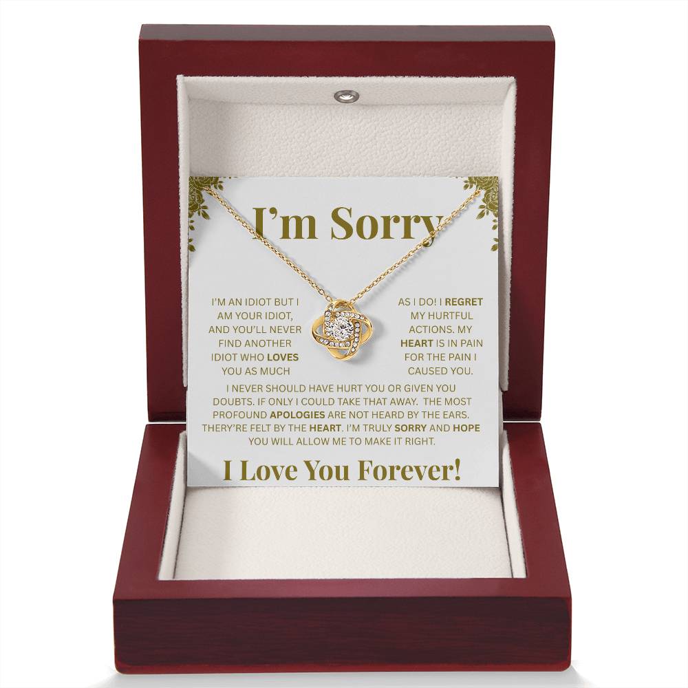 I’m Sorry™ Love Knot Apology Necklace – 14K White Gold & 18K Yellow Gold Variants with Custom “I Love You Forever” Message Card
