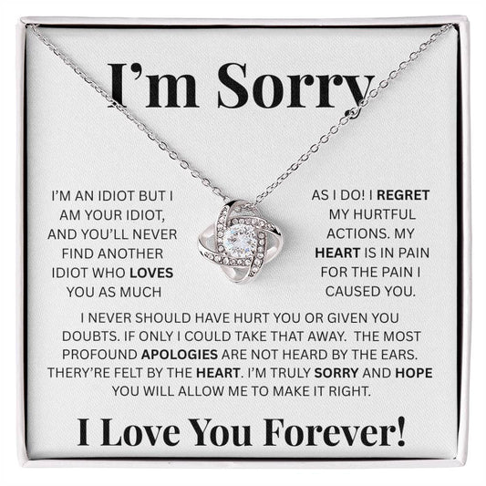 I’m Sorry™ Love Knot Apology Necklace – 14K White Gold & 18K Yellow Gold Variants with Custom “I Love You Forever” Message Card