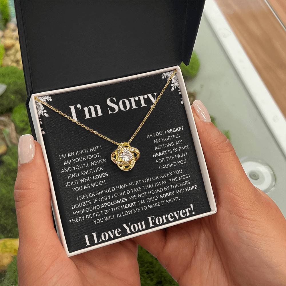 I’m Sorry™ Love Knot Apology Necklace – 14K White Gold & 18K Yellow Gold Variants with Custom “I Love You Forever” Message Card