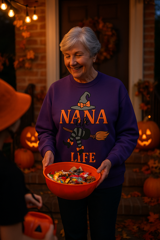 “Personalized NANA Life Halloween Sweatshirt – Custom Witch Crewneck with Grandkids’ Names (Unisex)”