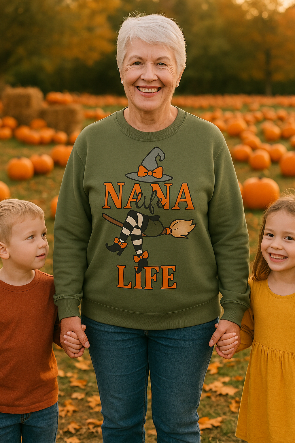 “Personalized NANA Life Halloween Sweatshirt – Custom Witch Crewneck with Grandkids’ Names (Unisex)”
