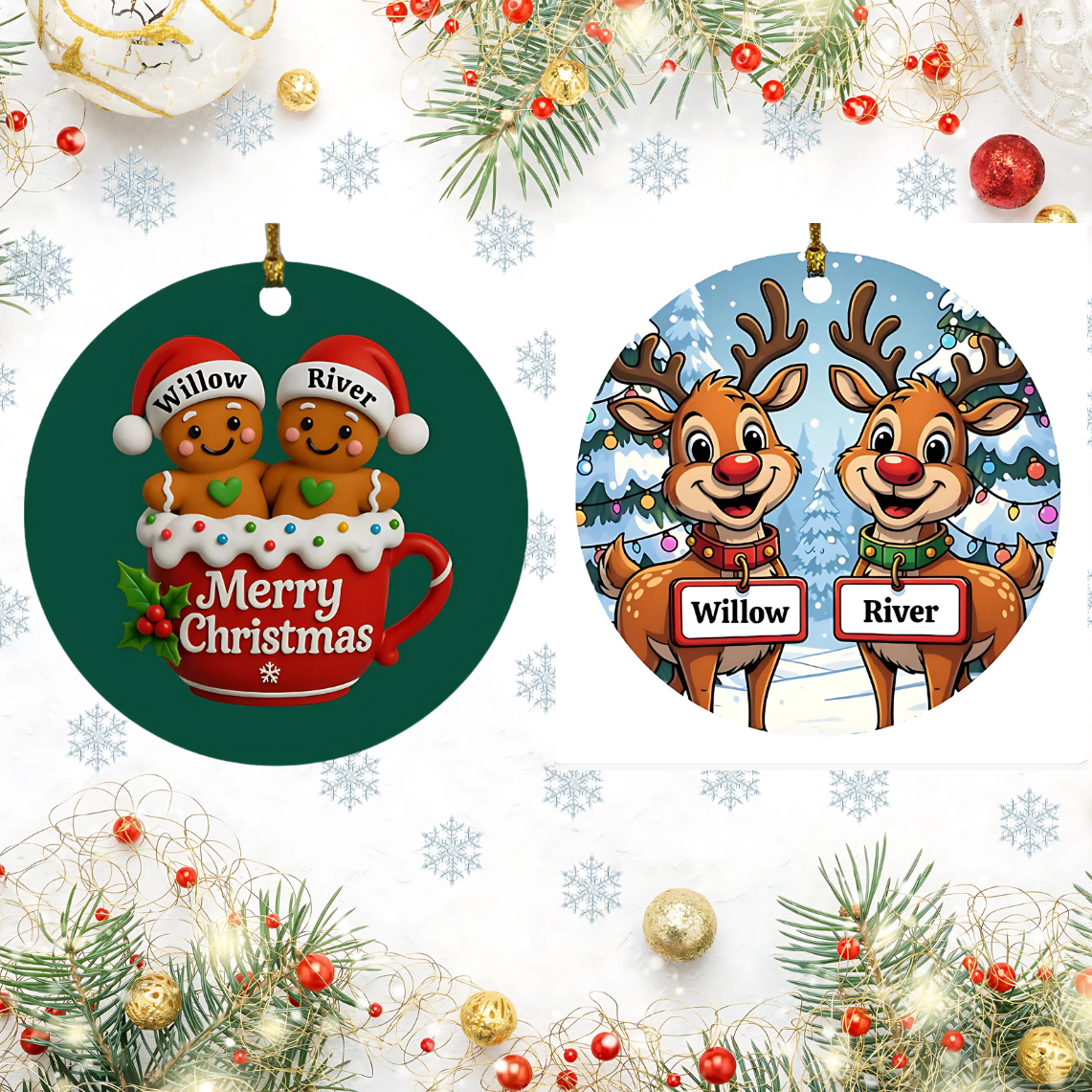 Custom Family Christmas Ornament – Gingerbread or Reindeer Style (Up to 5 Names) Personalized Holiday Keepsake – Fast Shipping, Lifetime Print