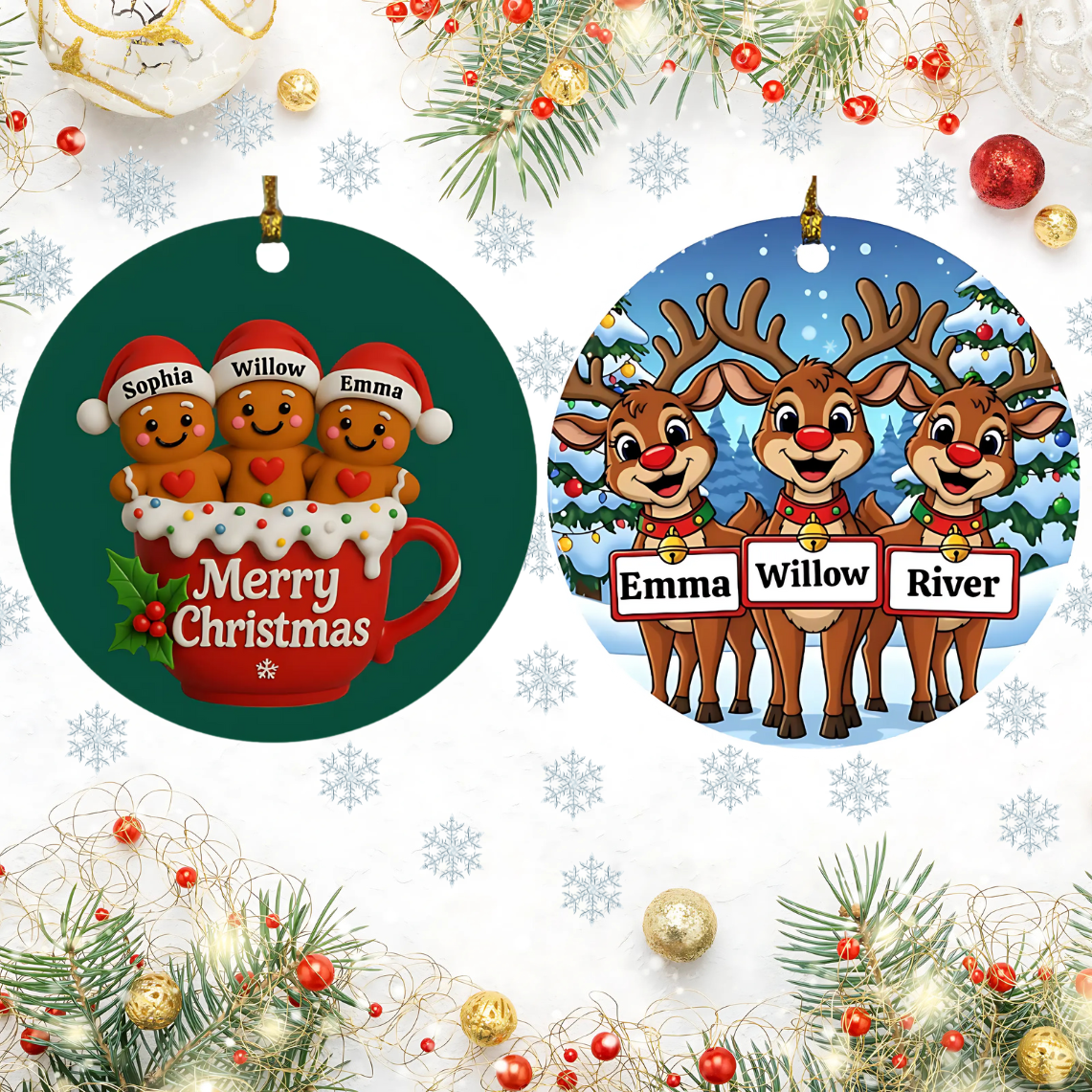 Custom Family Christmas Ornament – Gingerbread or Reindeer Style (Up to 5 Names) Personalized Holiday Keepsake – Fast Shipping, Lifetime Print
