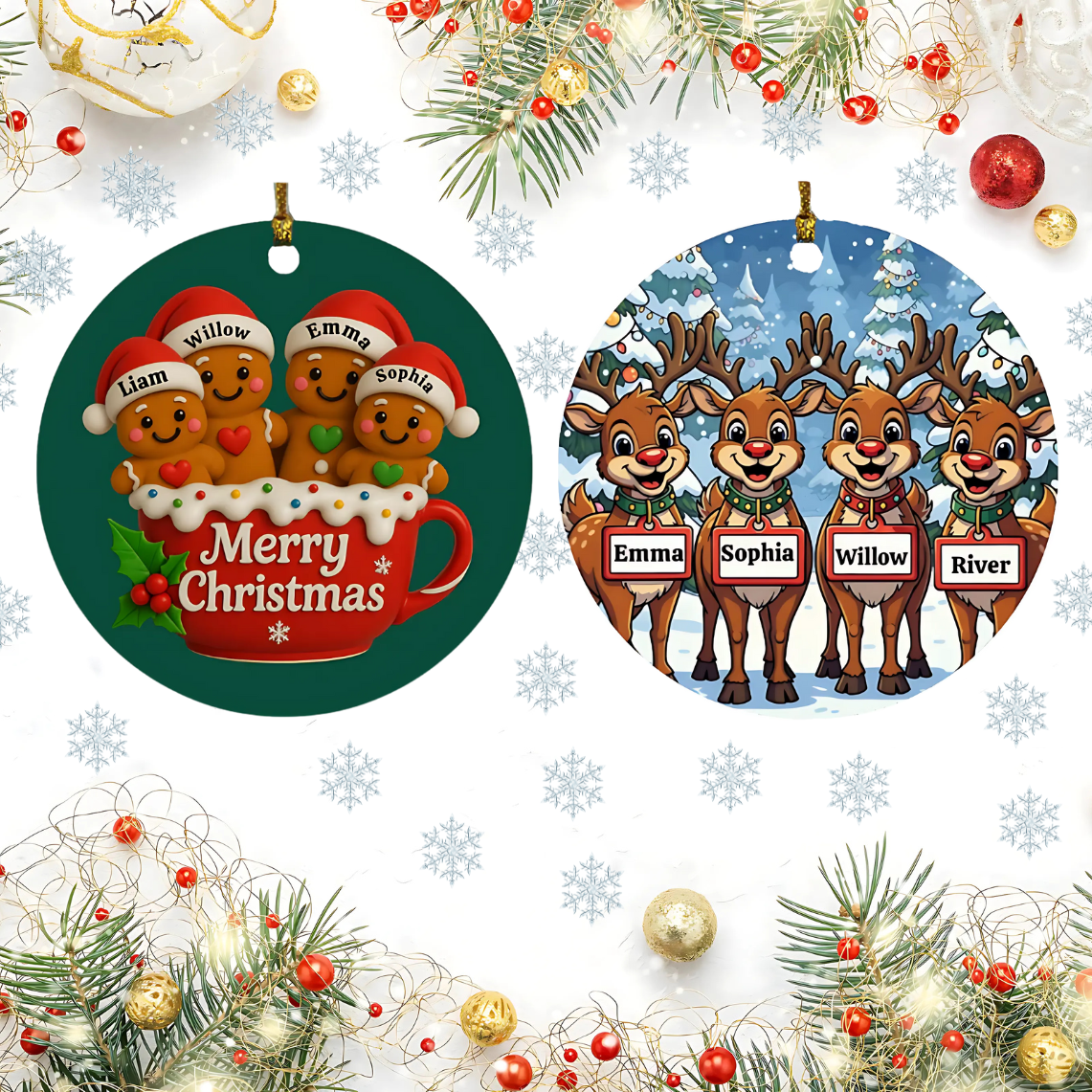 Custom Family Christmas Ornament – Gingerbread or Reindeer Style (Up to 5 Names) Personalized Holiday Keepsake – Fast Shipping, Lifetime Print