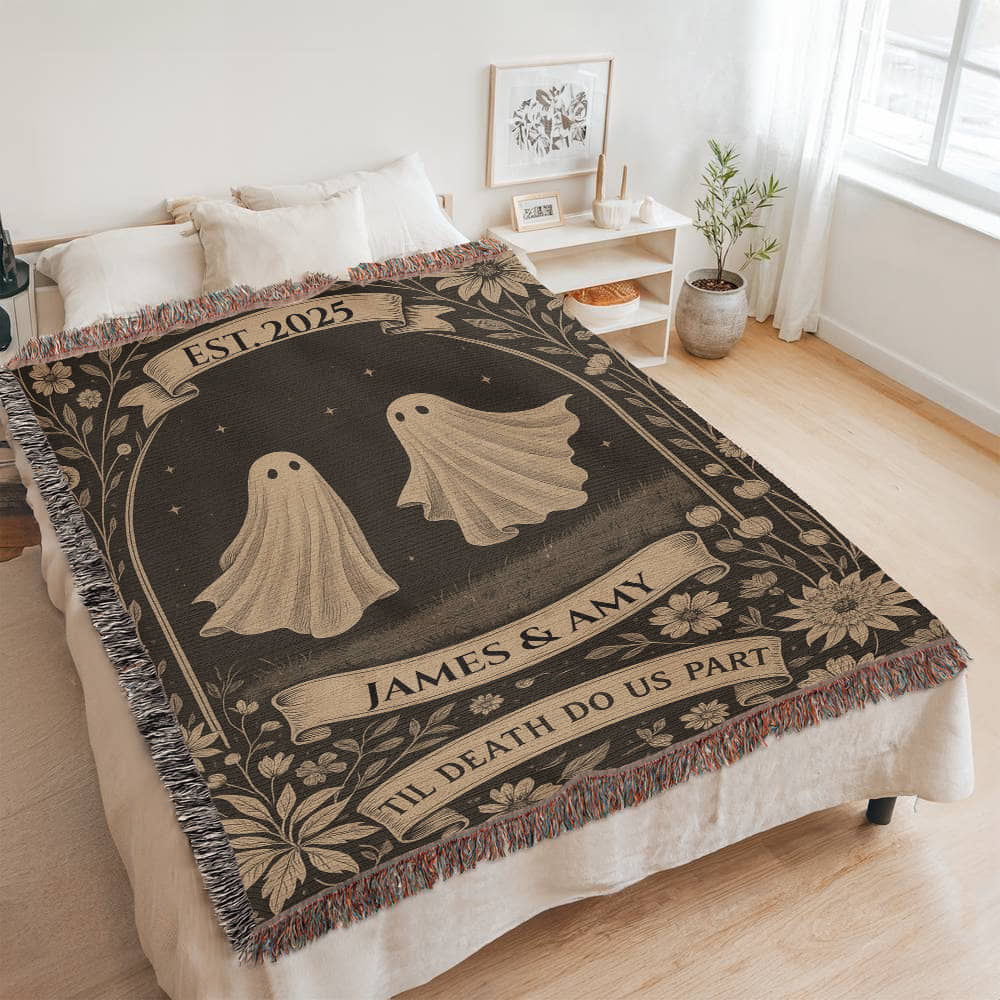 “Til Death Do Us Part” – Personalized Halloween Ghost Couple Blanket (Heirloom Woven Throw)